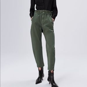 zara z1975 BAGGY PAPERBAG JEANS Green size 0 Elastic Waist